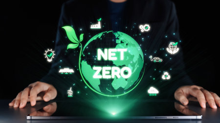 A businessman focused on net zero goals using innovative green technologies, symbolizing commitment...