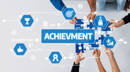 A dynamic scene depicting hands working together to assemble puzzle pieces, showcasing themes of achievement, success, and collaboration on a modern interface.の写真素材