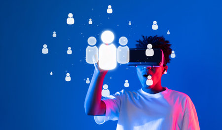A creative representation of a diverse individual using a virtual reality headset to connect with...