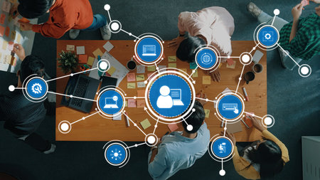 A vibrant collaborative workspace featuring diverse individuals engaged in brainstorming sessions...