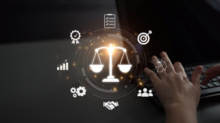 Futuristic digital law interface displaying justice scale, highlighting digital law, AI compliance,...