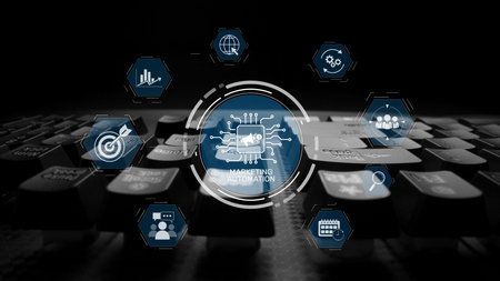 Marketing automation diagram showcase AI-driven campaign workflow, highlight marketing automation,...