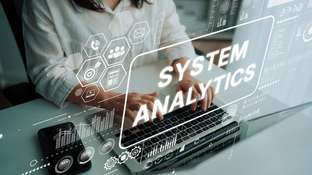 Professional woman engaging in system analytics with digital interface, data visualization, and...