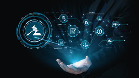 Futuristic digital law interface displaying justice scale, highlighting digital law, AI compliance,...
