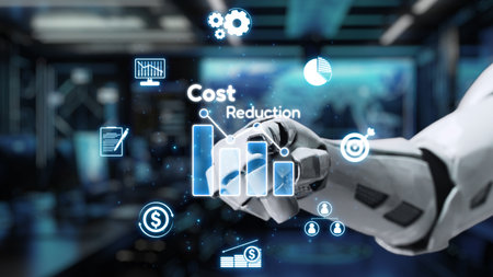 A robotic hand interacts with digital icons and graphs symbolizing cost reduction in a modern...