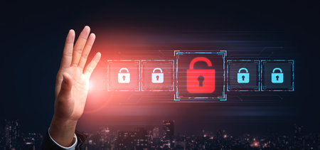 Digital security concept illustrating a cybersecurity breach, with a red unlocked padlock indicating...