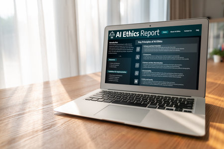 AI ethics responsibility standard law and rules on computer screen provide report of AI ethic...