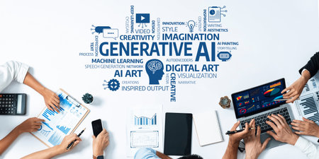 A vibrant workspace where individuals collaborate using AI tools for generative art, showcasing...