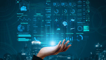 Supply chain management interface showing delivery routes, warehouse efficiency, cost savings, vehicle tracking, procurement ROI, and contract stages. Futuristic supply chain monitoring system. Thunkの写真素材