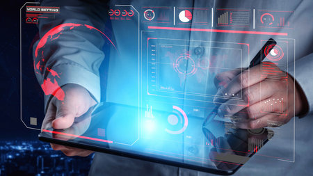 High-tech global network connection interface showing worldwide digital communication, data...