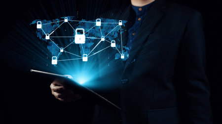 Cyber security protection and cyber security strategies against cyber threats, system hacks, digital breaches, network attacks, and safeguarding data with strong cyber security infrastructure. Elideの写真素材