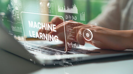 Innovative Technology Concept Featuring Machine Learning and Data Analysis with Hands on Laptop...
