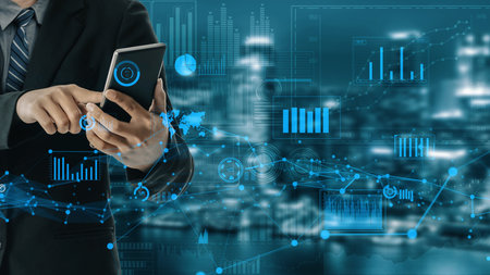 A businessman interacts with a smartphone displaying digital analytics against a modern city...