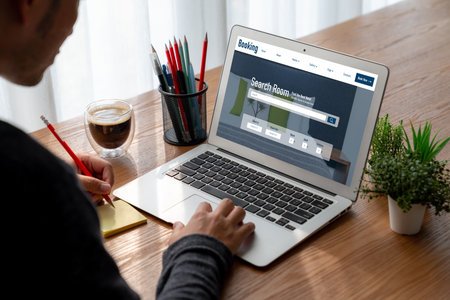 Online hotel accommodation booking website provide modish reservation system . Travel technology concept .の写真素材