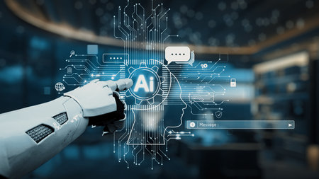 A robotic hand reaches out to touch a digital representation of artificial intelligence, symbolizing...