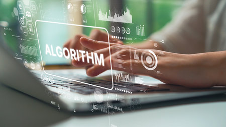 Business Professional Analyzing Digital Data Trends with Laptop and Algorithm Graphics in Modern...