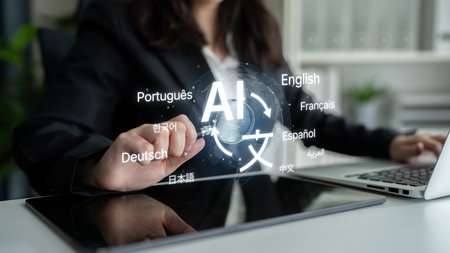 Global communication with multiple languages, digital translation tools, multilingual technology,...