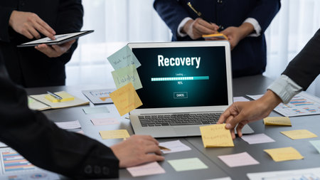 Analyst team use sticky note for creative and analytic brainstorm for business idea with BI data dashboard on laptop screen. Analysis financial data visualization tech for marketing strategy. Prodigyの写真素材