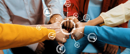 A dynamic representation of teamwork, showcasing diverse hands connecting in a collaborative...