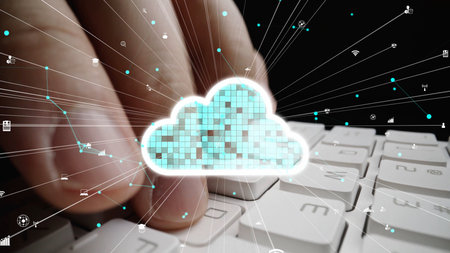 This image illustrates the concept of cloud computing, featuring digital data visualization over a...