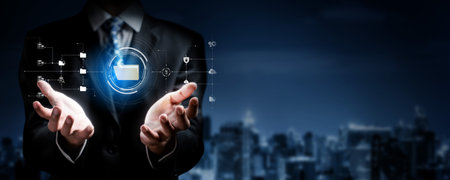 Business person managing online documents folders for efficient work processes. Ensure secure and quick access to all your important online documents with ease. FaaSの写真素材