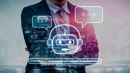 AI Virtual Assistant Artificial Intelligence Chatbot Controlled by Prompt Engineering for Explainable Generative AI information and LLM Deep Learning Technology for Smart Business Work Support. Muxerの写真素材