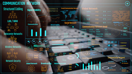 Data center monitoring dashboard visualize network performance, connection status, usage rate, and...