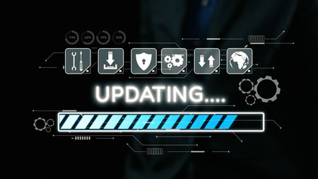 Visual representation of a software update in progress, depicting a loading bar and various icons...