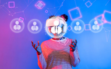 A person wearing a virtual reality headset explores digital networking in a vibrant, futuristic environment, symbolizing modern communication and global connection.の写真素材