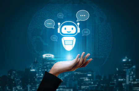 AI chatbot virtual assistant interacting with users through AI conversation bubbles, symbolizing AI...