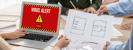 Virus warning alert on computer screen detected brisk cyber threat , hacker, computer virus and...