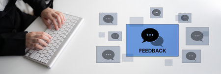 Customer or business team feedback system highlighting comments, opinions, evaluations, reviews, and suggestions from users to improve services, communication, and product quality idea insightの写真素材