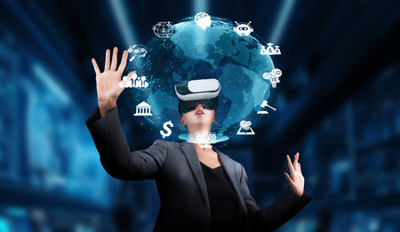 A professional woman engages with virtual reality technology, exploring artificial intelligence...