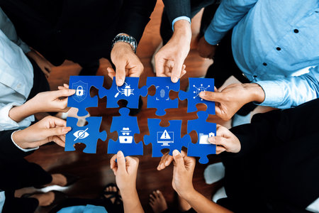 A diverse group of professionals collaboratively assembles blue puzzle pieces, each symbolizing...