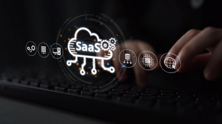 Visual representation of SaaS showing infrastructure, SaaS deployment, SaaS platform features, and SaaS integration model in digital environment. Muxerの写真素材