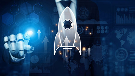 Startup launch and business growth concept, rocket symbolism, entrepreneurship, startup innovation,...
