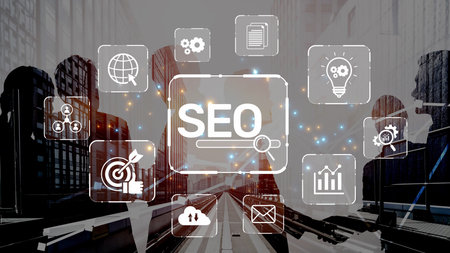 SEO concept for improving SEO visibility, with SEO related digital tools and SEO performance icons...