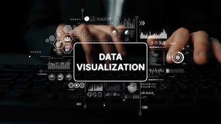Data Visualization Concept with Hands on Keyboard and Graphical Elements for Digital Analysis and...