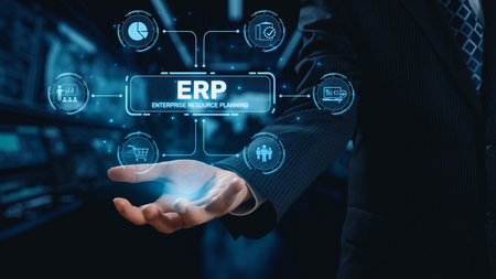 ERP platform visual showing centralized system for enterprise resource planning, improving integration, data flow, business efficiency, finance, inventory, and human resources. Elideの写真素材