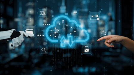Explore the convergence of cloud technology and robotic interfaces in a vibrant urban setting,...