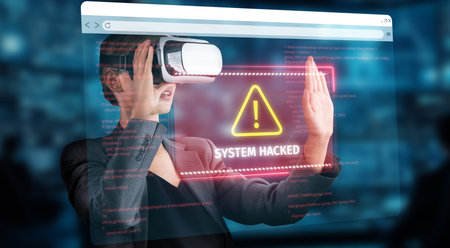 A business professional engages with virtual reality technology, facing a critical alert indicating...
