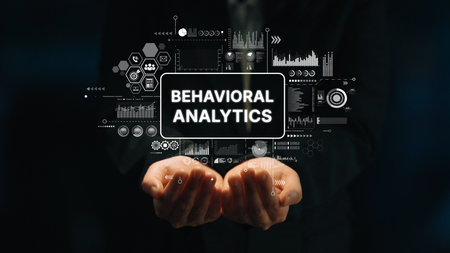 Hands Holding Conceptual Display of Behavioral Analytics with Data Visualization Elements in a Dark Background. Asymptotic smart data analytic.の写真素材