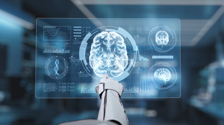 Close up of robotic hand pointing and clicking at brain holographic to access medical data or...