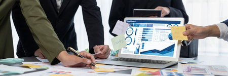 Analyst team use sticky note for creative and analytic brainstorm for business idea with BI data...
