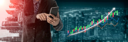 A businessman engages with a tablet to analyze financial data against a modern urban backdrop,...