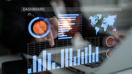 A modern data visualization dashboard showcasing various graphs and charts along with a world map, representing essential business metrics and analytics. Imputeの写真素材