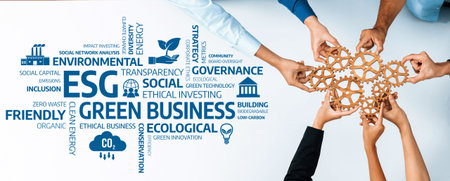 Hands joining together to symbolize collaboration in green business practices, highlighting ESG principles that drive ethical investments and ensure sustainable development. Amityの写真素材