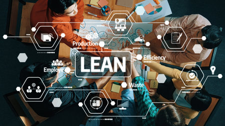 A diverse team collaborates on lean process improvement, utilizing visual tools and strategic...