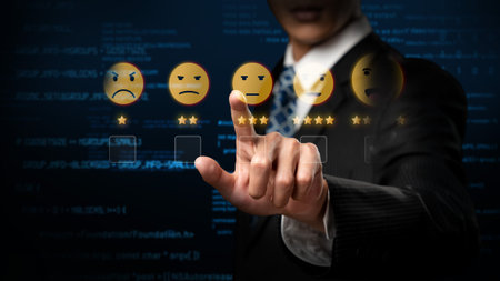 Business person analyzes customer experience satisfaction review data, striving to improve service quality. Leveraging reviews to enhance customer satisfaction and loyalty. FaaSの写真素材