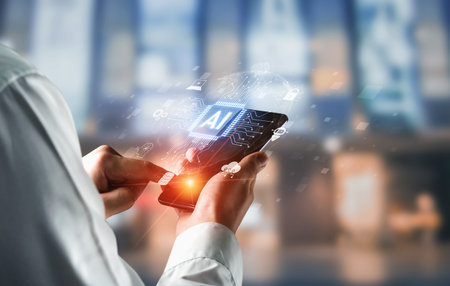 Global AI artificial intelligence transforms AI technology worldwide. Global artificial intelligence connects data, drives AI automation, and artificial intelligence empowers AI innovation. Vouchの写真素材